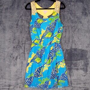 Lilly Pulitzer Dress Womens‎ M Blue Shell Sequin Strap Fit & Flare Sundress